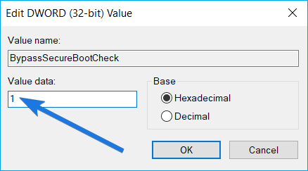 modificare il valore BypassSecureBootCheck su 1