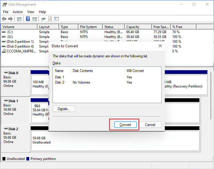Conferma per convertire due dischi in dinamico