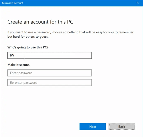 Crea un account locale per rimuovere la password