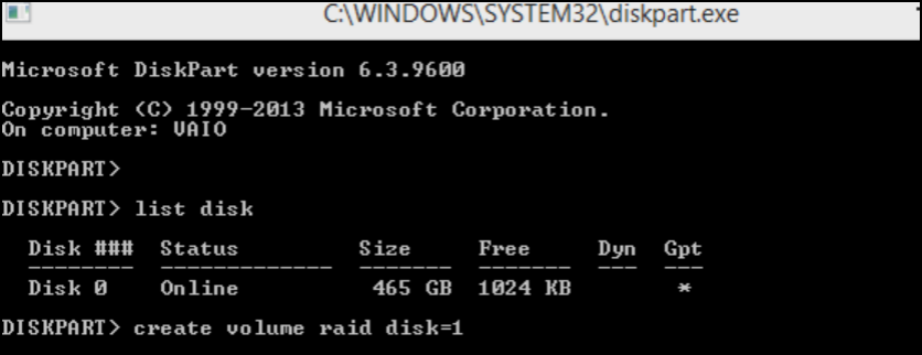 diskpart crea volume raid