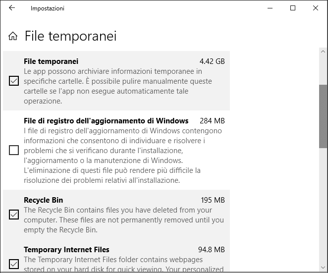 selezionare file temporanei