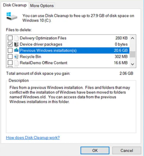 elimina cartella windows.old