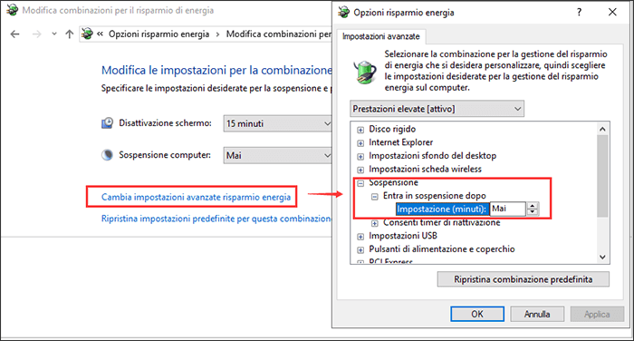cambiare impostazione di sospensione