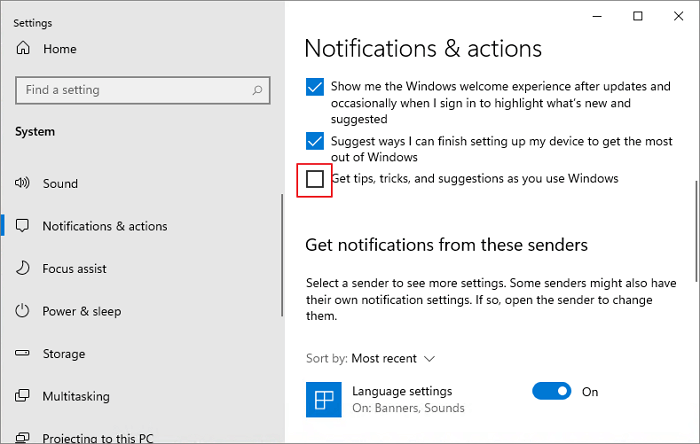 Disabilita le notifiche di Windows
