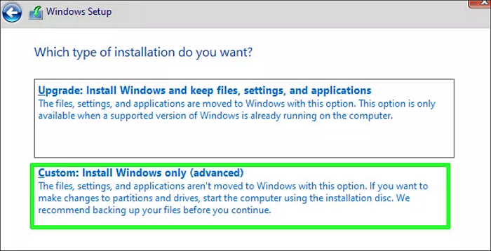 scegli l'installazione personalizzata