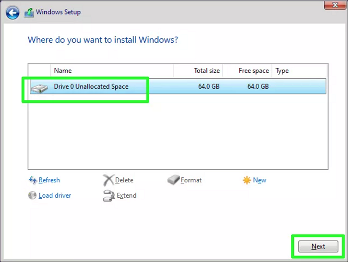 scegli l'unità per l'installazione