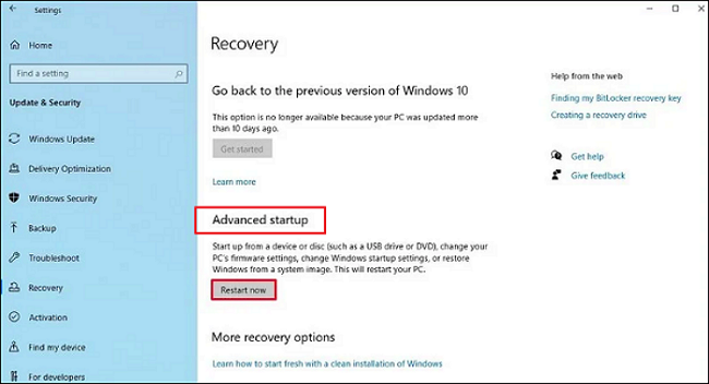 fare clic sul pulsante Riavvia ora