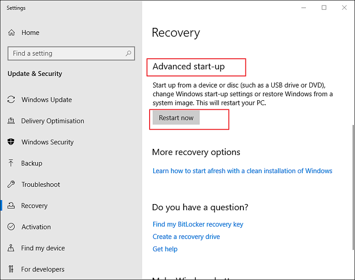 fare clic sul pulsante riavvia ora