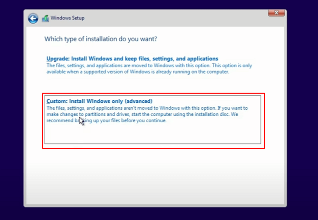 selezionare Personalizzata: installa solo Windows