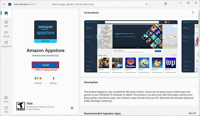 Seleziona per installare Amazon Appstore