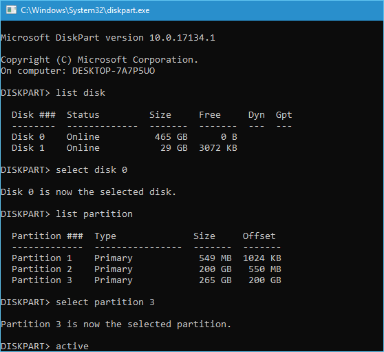 Imposta partizione attiva usign diskpart