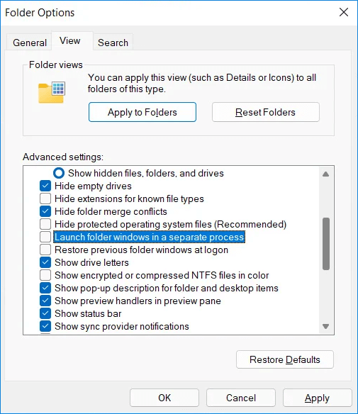 eseguire le finestre delle cartelle in un processo separato