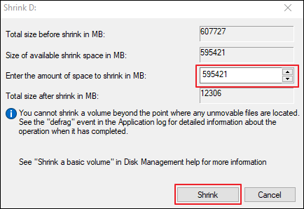 Inserisci la dimensione di restringimento