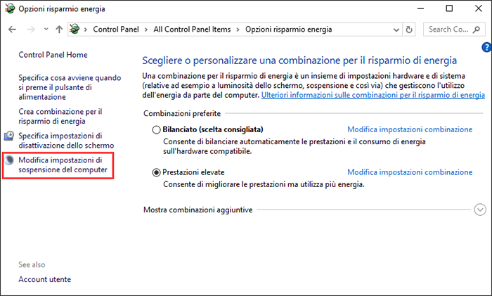 impostazione di risparmio energia