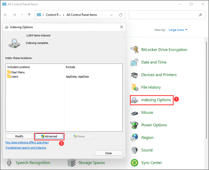 ricostruire l'indice di ricerca