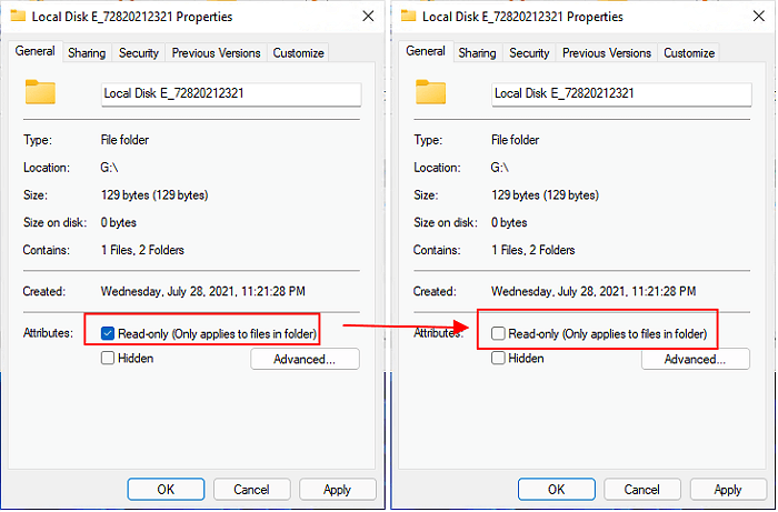 Deselezionare sola lettura