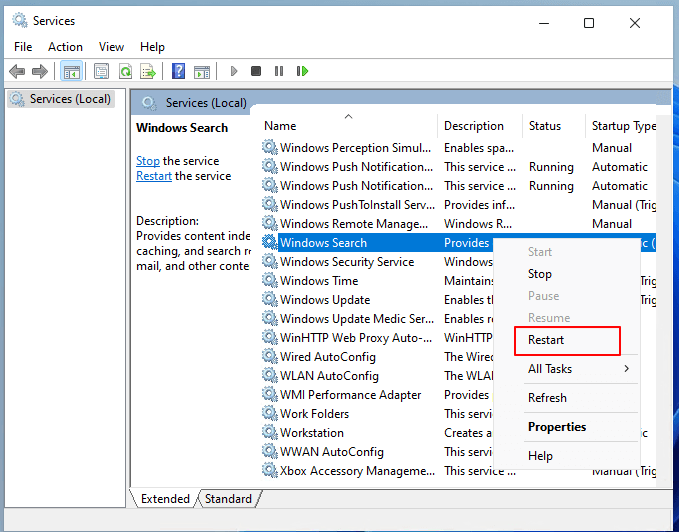 riavviare il servizio Cerca