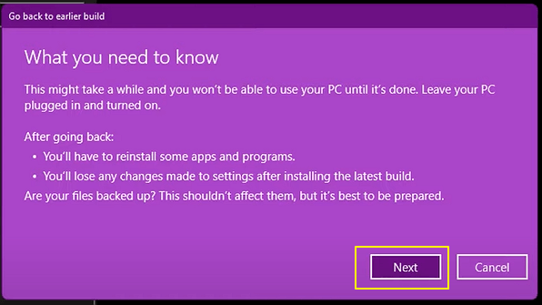 fare windows tornare indietro