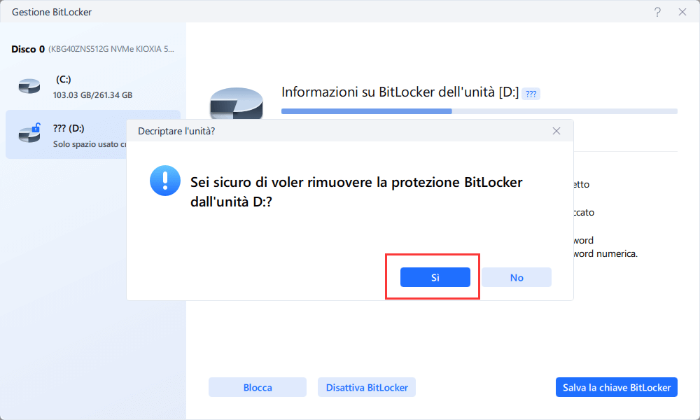 confermare la disattivazione bitlocker