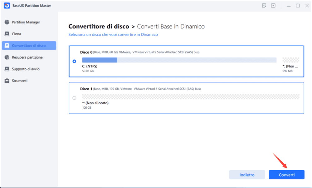 selezionare il primo disco e convertirlo in dinamico