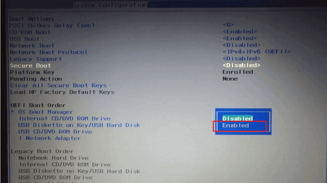 abilitare l'opzione di avvio protetto