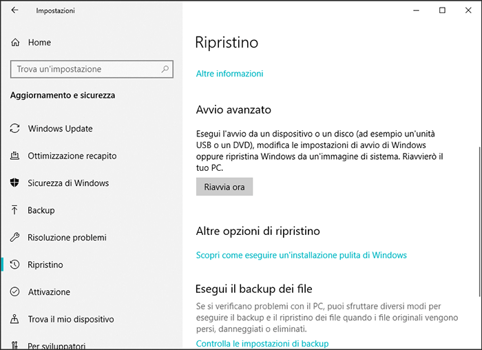 selezionare Riavvia sotto l'opzione di impostazione Avanzate