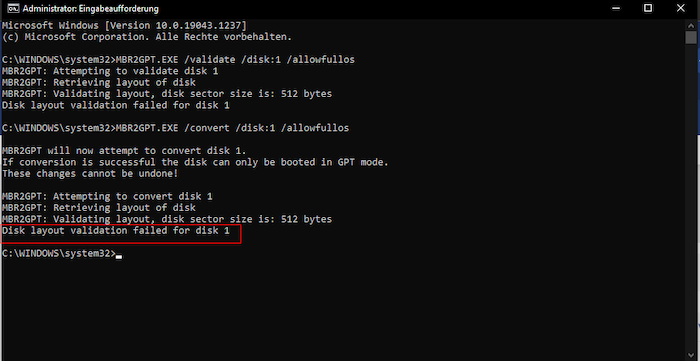 tentativo di conversione, ma la convalida del layout del disco non è riuscita per il disco 1