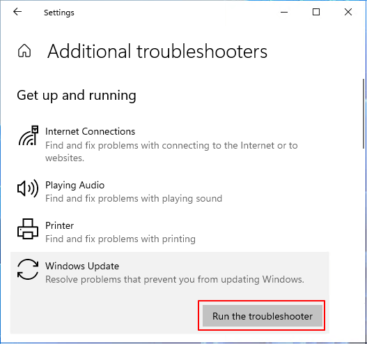 avvia risoluzione dei problemi di windows update