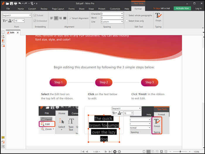 nitro pdf editor cambiare dimensione di caratteri