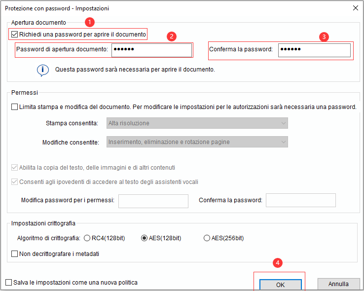 aggiungere password a PDF