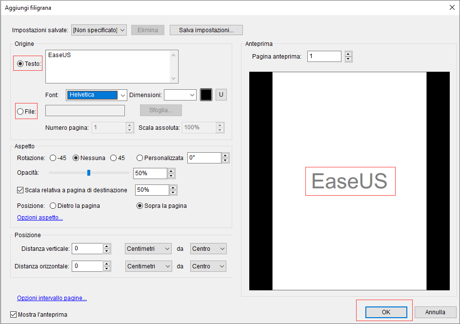 impostazioni della filigrana