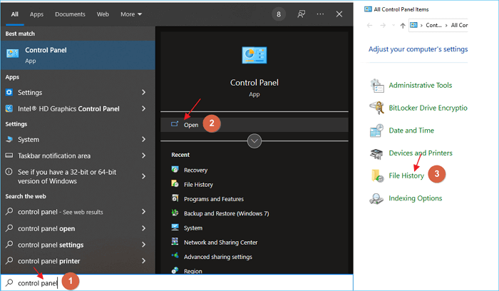 accedere alla cronologia dei file in Windows 10 tramite il pannello di controllo