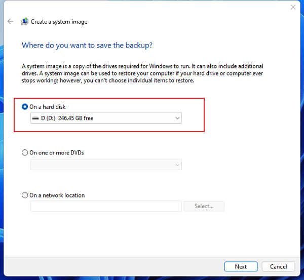 Dove salvare l'immagine di backup