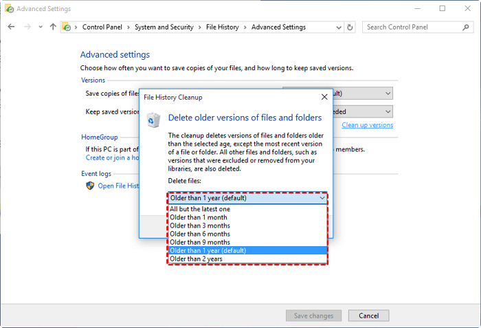 Elimina il backup della cronologia dei file