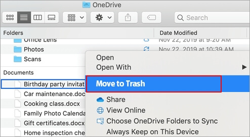 elimina i file da onedrive su Mac