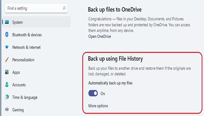Come utilizzare la Cronologia dei file per eseguire il backup in Windows 11 - Passaggio 2