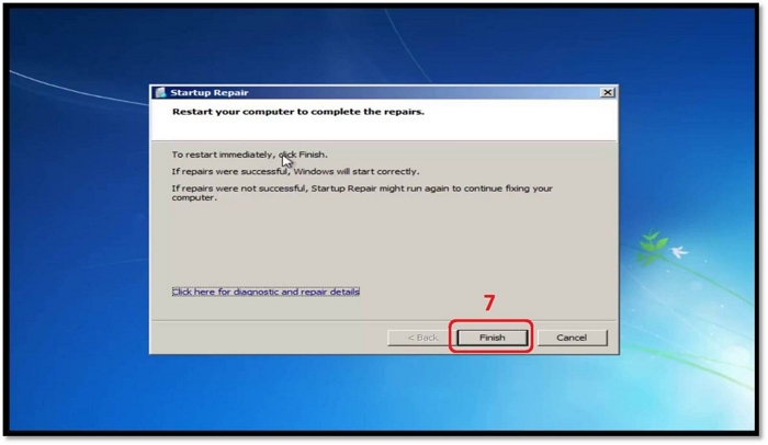 fai clic su Fine per riavviare Windows 7