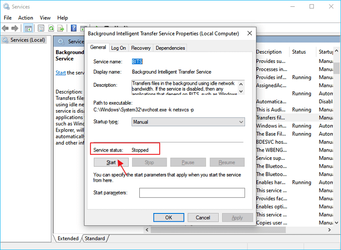assicurarsi che il servizio intelligente in background sia in esecuzione