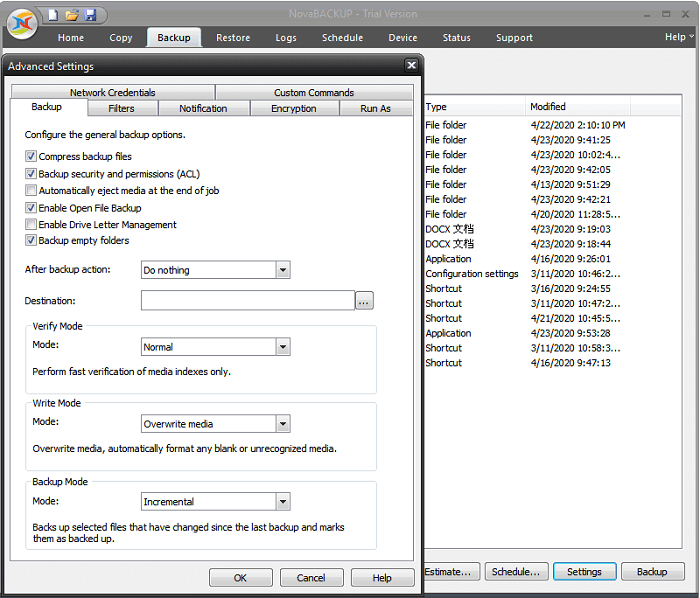 backup incrementale nova