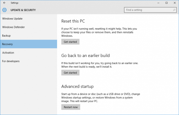 ripristinare Windows 10 per correggere il profilo utente corrotto in Windows 10
