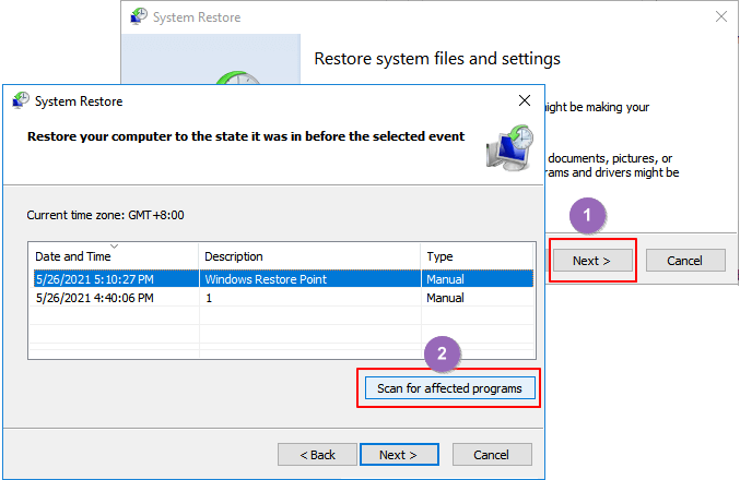 seleziona il punto di ripristino che desideri