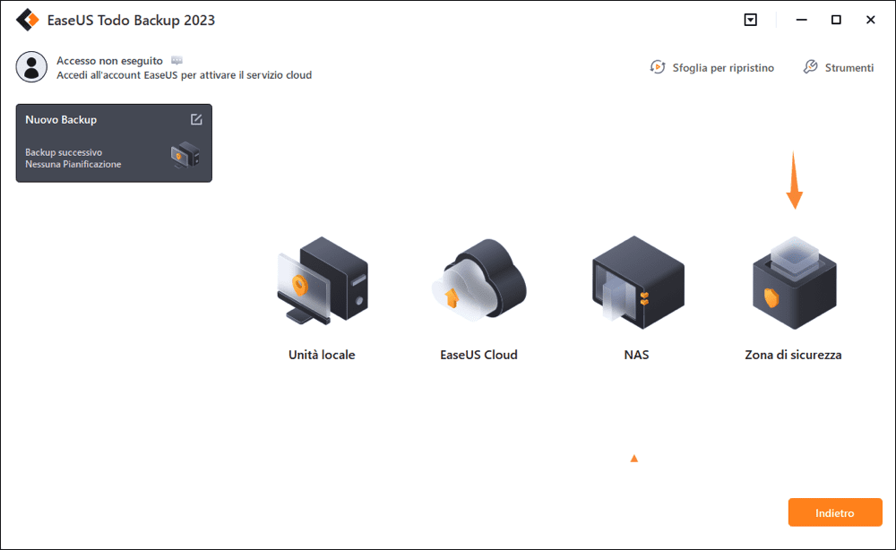 selezionare la zona di sicurezza come posizione di backup