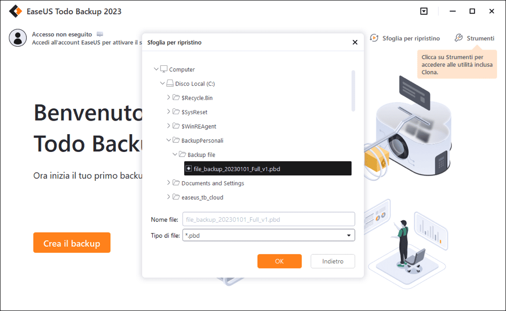 seleziona il file backup