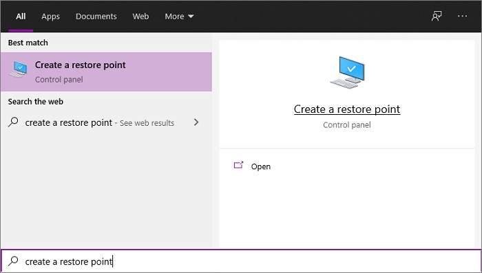 cerca crea un punto di ripristino