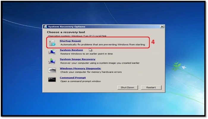 fare clic su riparazione all'avvio