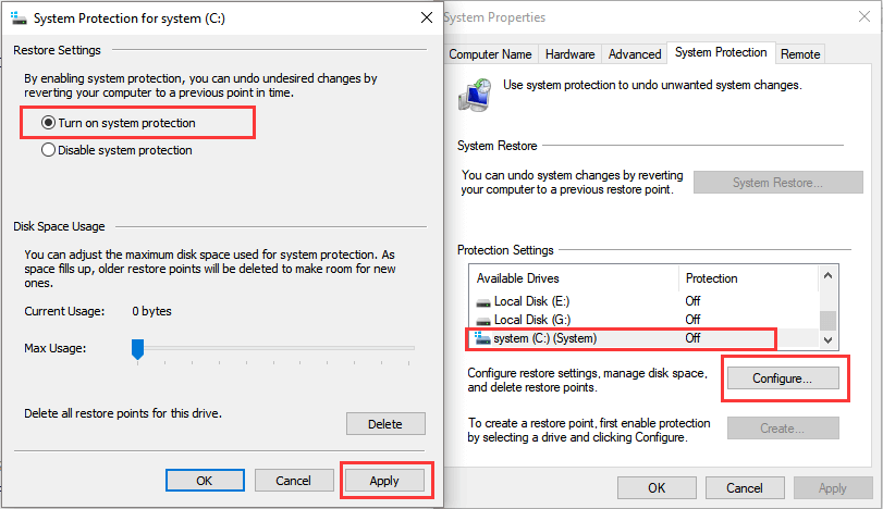 abilita la funzione di ripristino del sistema in Windows 10