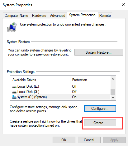 creare un punto di ripristino del sistema