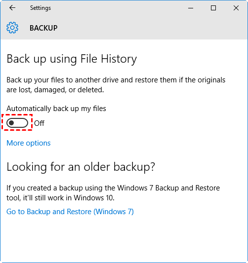 Disattiva il backup automatico
