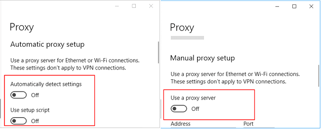 Disattiva le impostazioni proxy