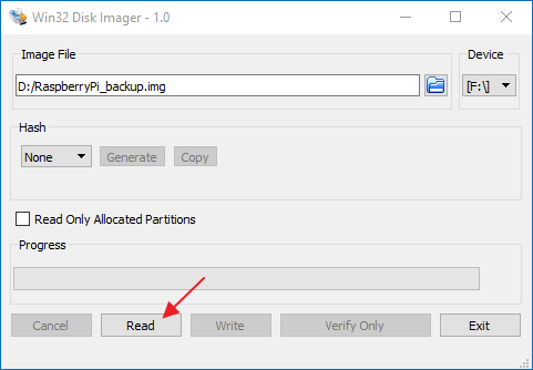 Win32 disk imager per eseguire il backup della scheda SD raspberry pi passaggio 2